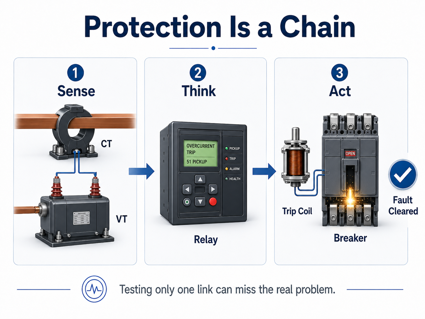 Diagram showing an electrical protection chain from CT and VT sensing to relay logic to trip coil and circuit breaker operation.