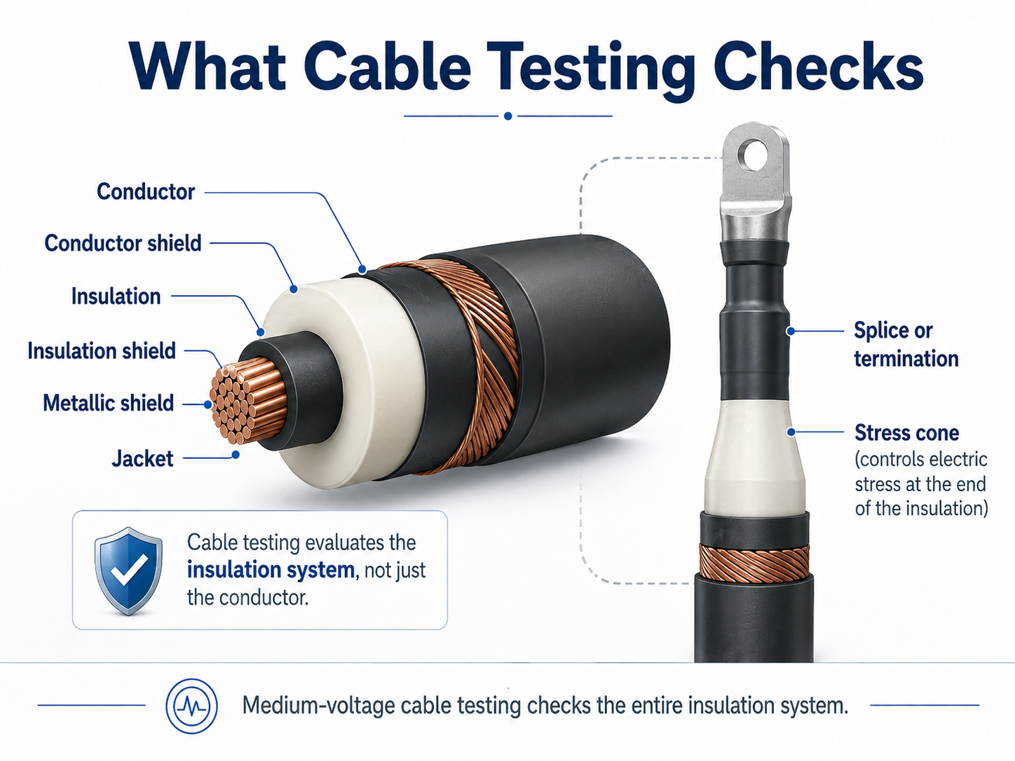 Medium-voltage cable cross-section with labels for conductor, conductor shield, insulation, insulation shield, metallic shield, jacket, termination, and stress cone.