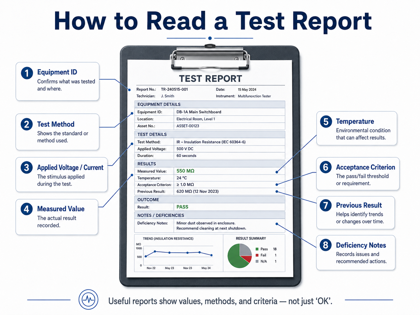 Annotated electrical test report showing important fields including equipment ID, test method, measured value, acceptance criterion, previous result, and deficiency notes.