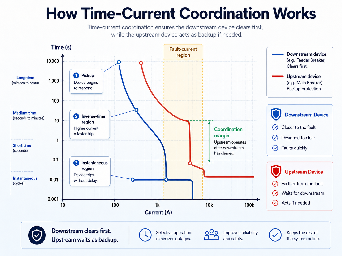 Time-current coordination chart showing downstream and upstream protective device curves with pickup, inverse-time region, instantaneous region, and coordination margin.