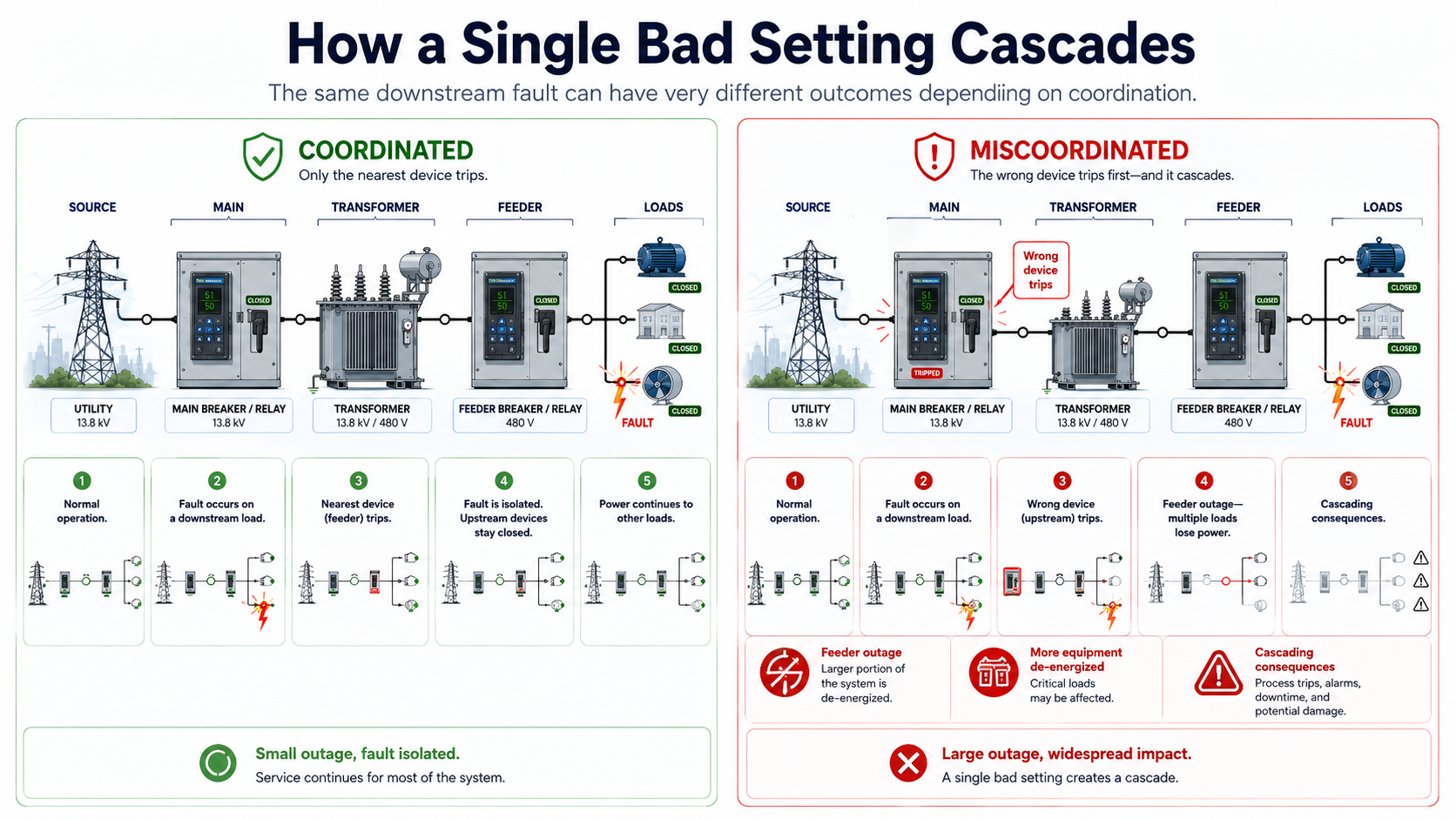 Side-by-side comparison of coordinated and miscoordinated protection showing a downstream fault isolated locally versus an upstream device tripping and causing a larger outage.