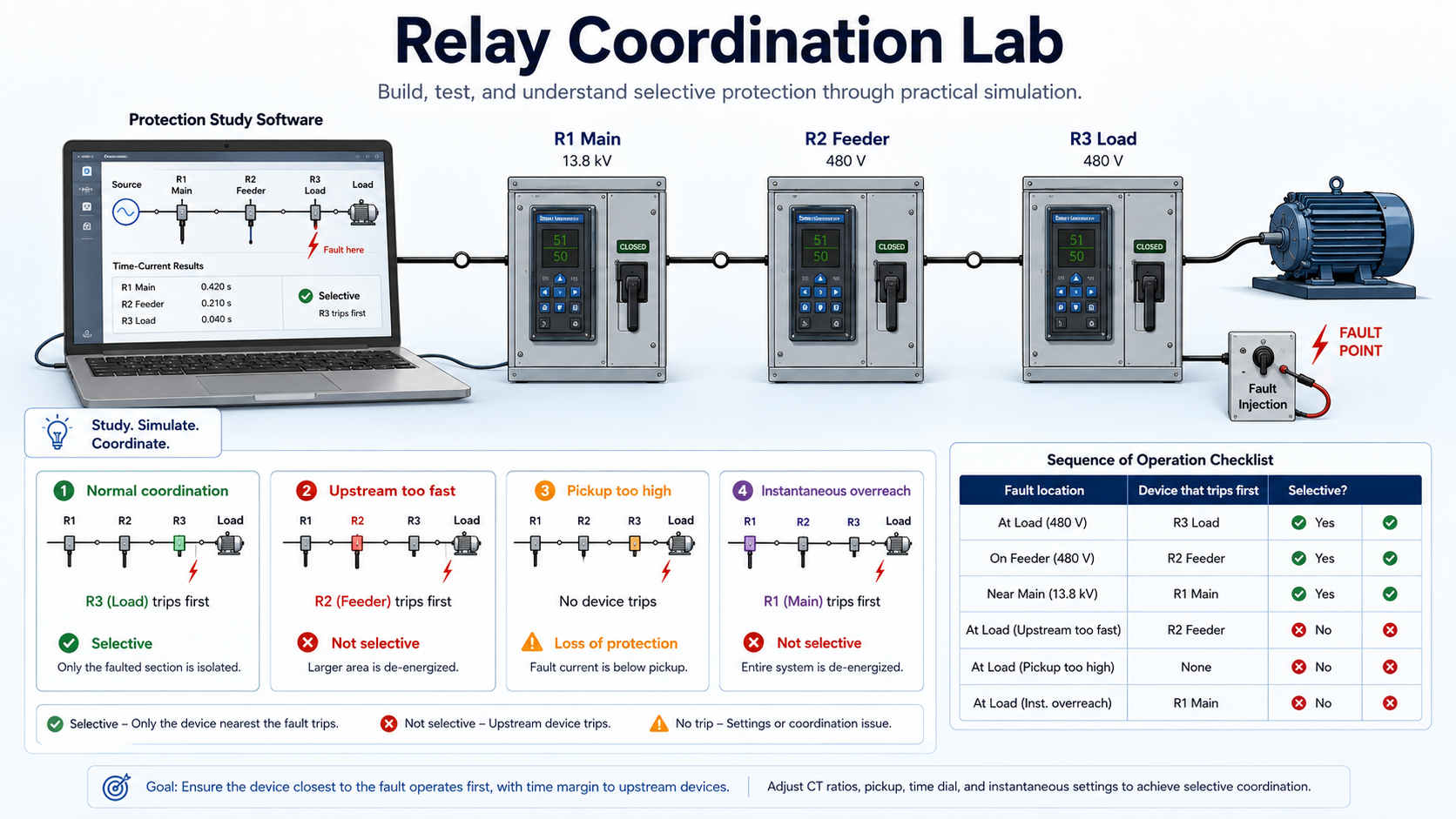 Relay coordination lab setup showing protection study software, three relays labeled R1 Main, R2 Feeder, and R3 Load, a fault injection point, and a sequence-of-operation checklist.