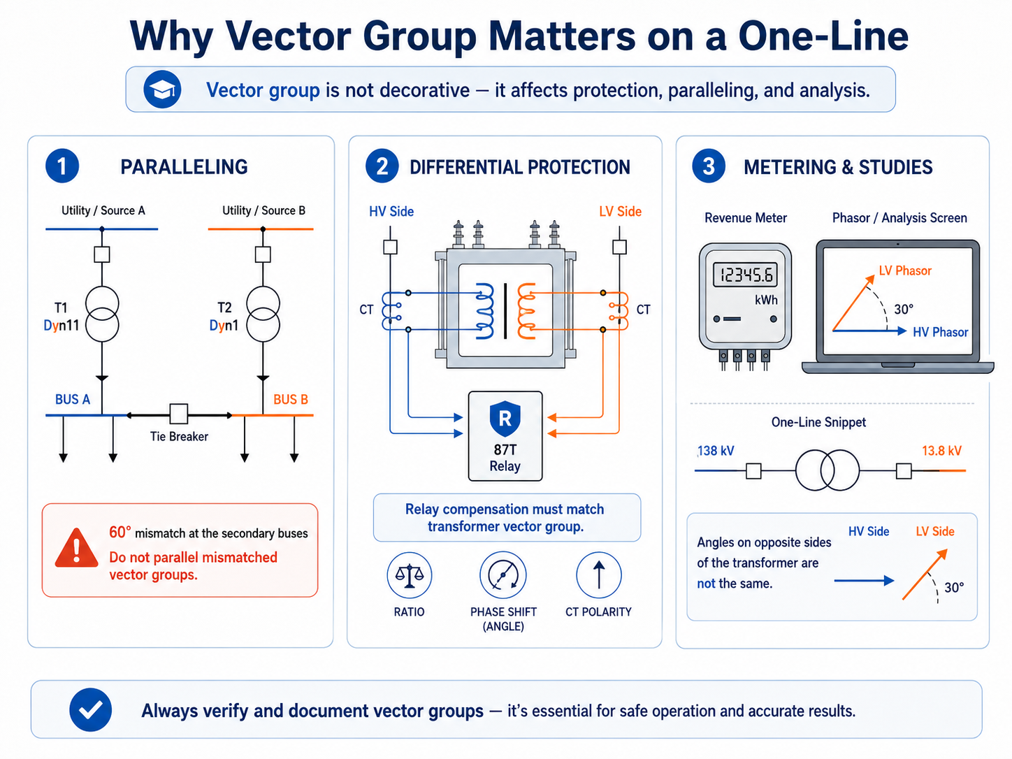 Infographic showing why transformer vector group matters for paralleling, differential protection, metering, and one-line studies.